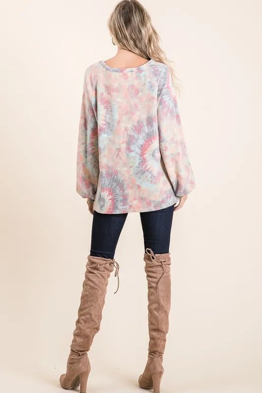 BiBi - Gray & Coral Tie - Dye Long Sleeve Oversized Top
