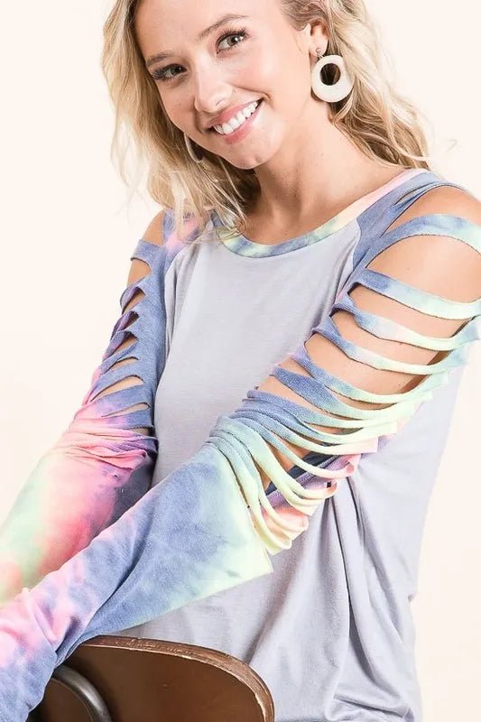 BiBi - Gray & Tie - Dye Slashed Sleeve Top