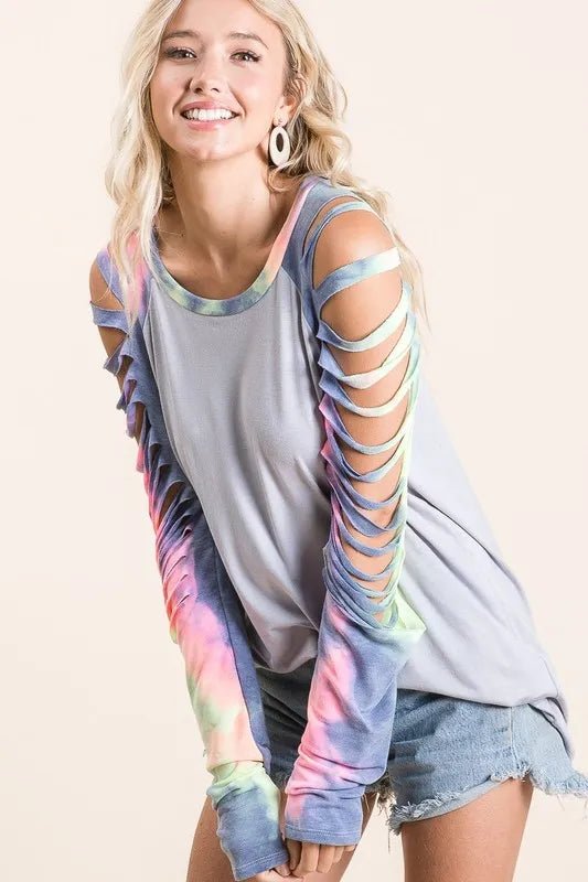 BiBi - Gray & Tie - Dye Slashed Sleeve Top