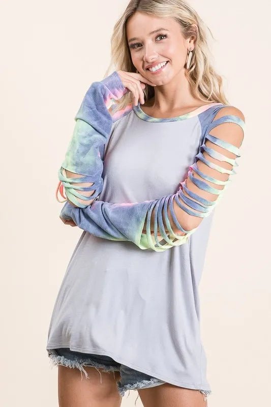 BiBi - Gray & Tie - Dye Slashed Sleeve Top