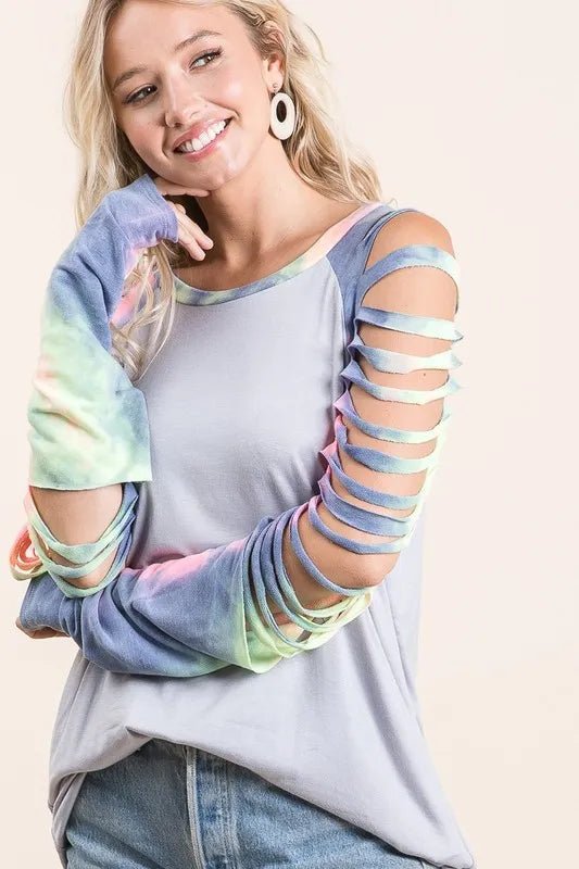 BiBi - Gray & Tie - Dye Slashed Sleeve Top