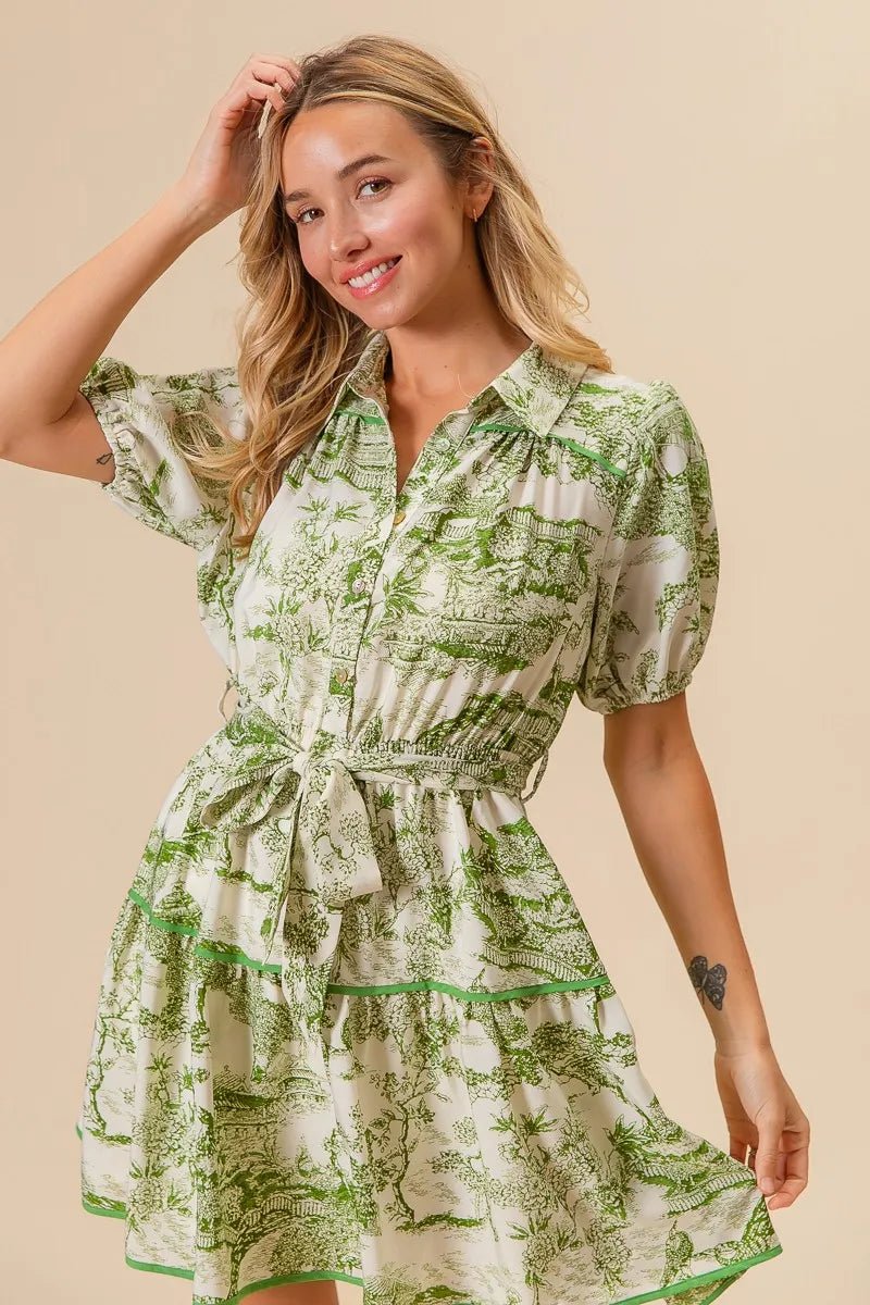 BiBi - Green Toile Puff Sleeve Mini Shirt Dress