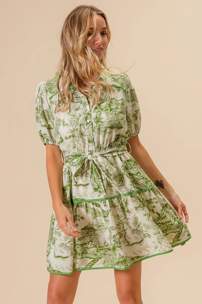 BiBi - Green Toile Puff Sleeve Mini Shirt Dress
