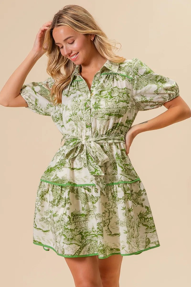 BiBi - Green Toile Puff Sleeve Mini Shirt Dress