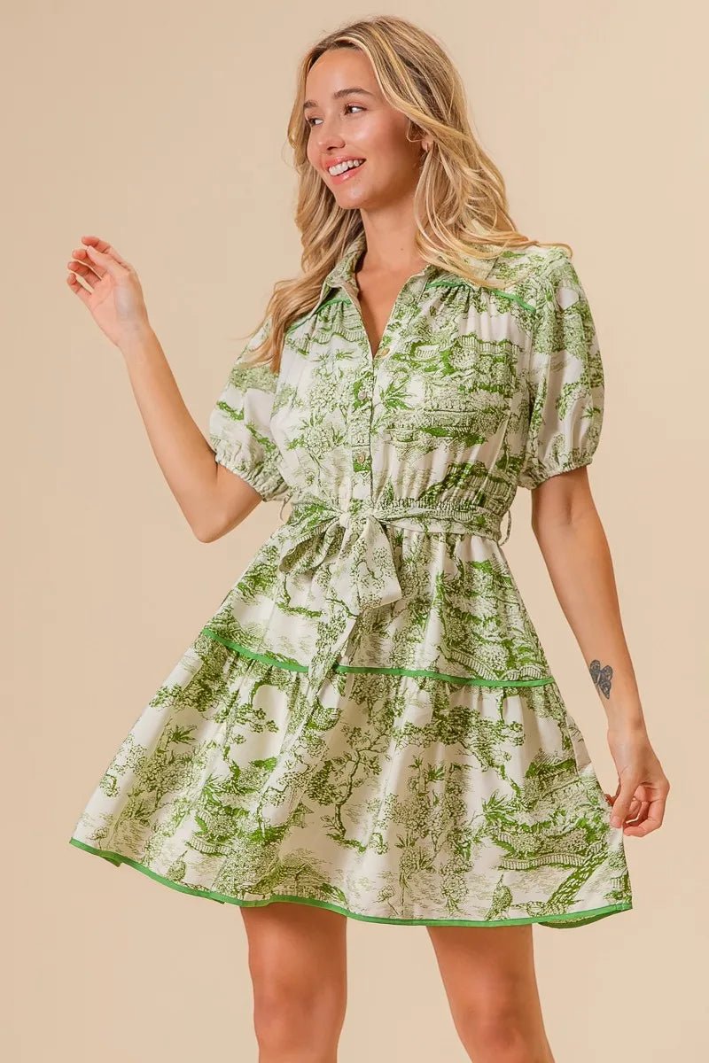 BiBi - Green Toile Puff Sleeve Mini Shirt Dress
