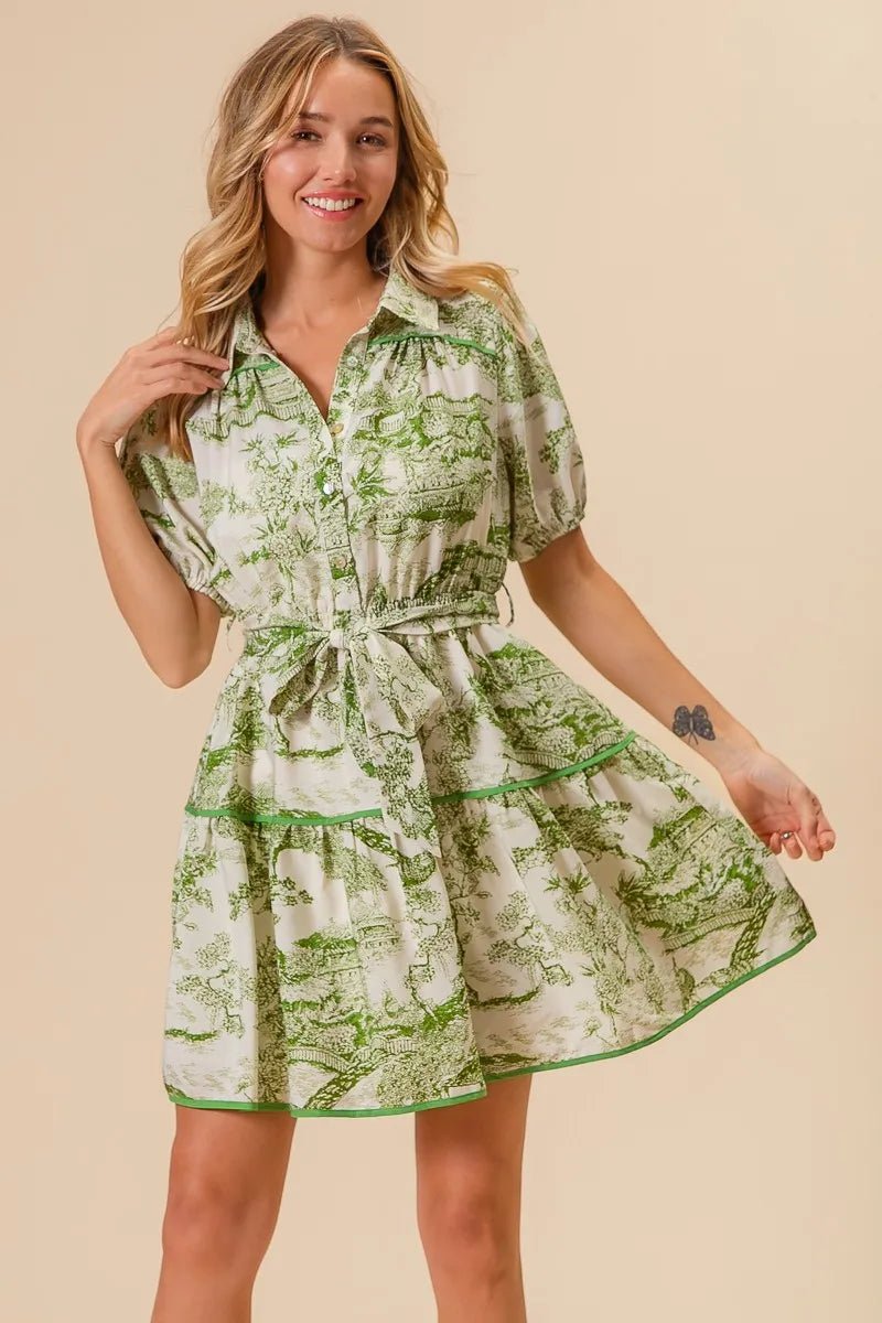 BiBi - Green Toile Puff Sleeve Mini Shirt Dress