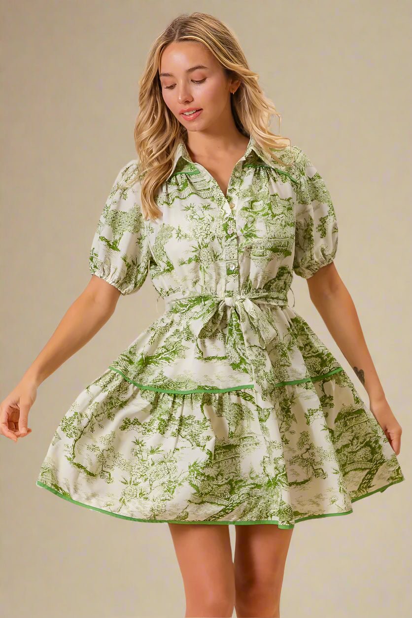 BiBi - Green Toile Puff Sleeve Mini Shirt Dress