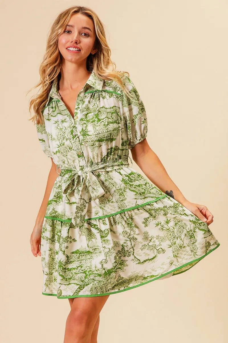 BiBi - Green Toile Puff Sleeve Mini Shirt Dress