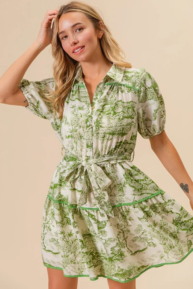 BiBi - Green Toile Puff Sleeve Mini Shirt Dress