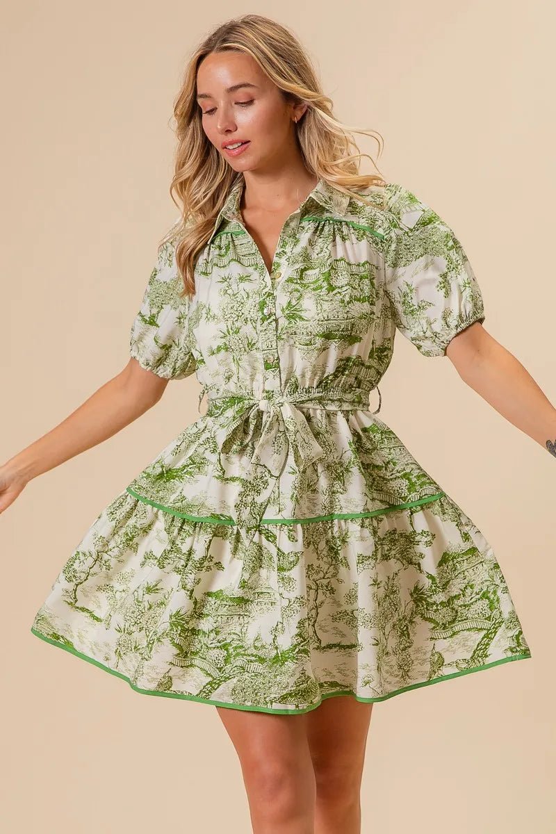 BiBi - Green Toile Puff Sleeve Mini Shirt Dress