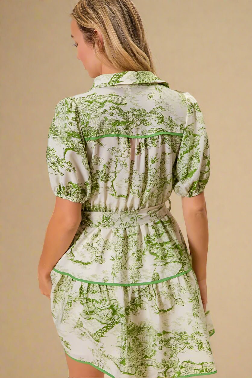 BiBi - Green Toile Puff Sleeve Mini Shirt Dress