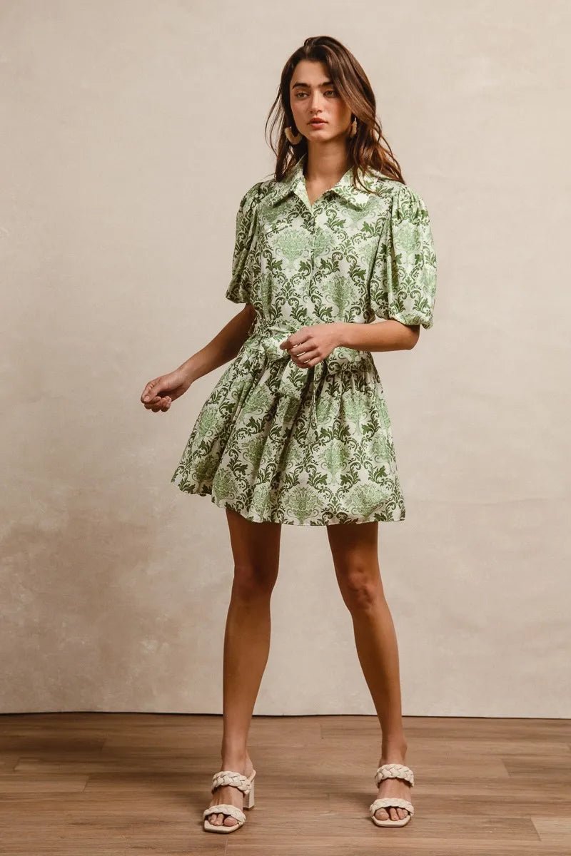 BIBI Green & White Puff Sleeve Belted Mini Dress BIBI Green & White Puff Sleeve Belted Mini Dress