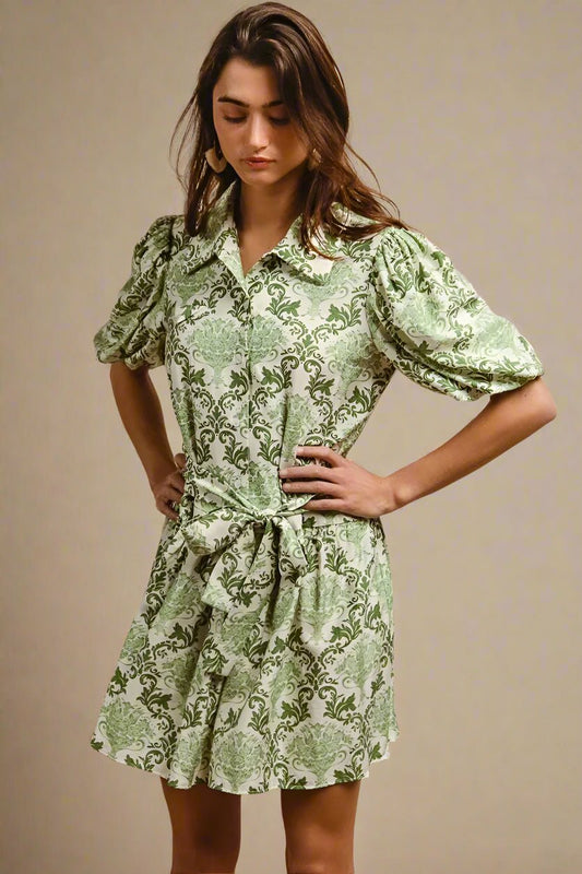 BiBi - Green & White Puff Sleeve Belted Mini Dress