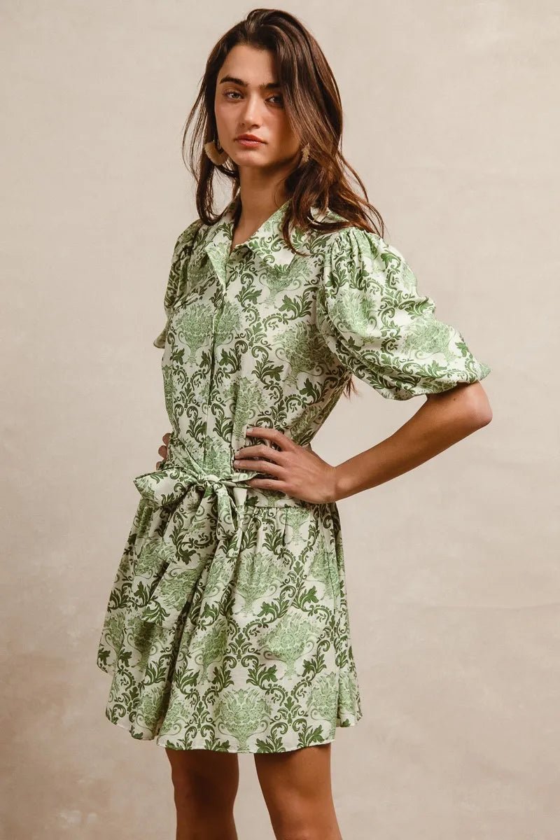BIBI Green & White Puff Sleeve Belted Mini Dress BIBI Green & White Puff Sleeve Belted Mini Dress