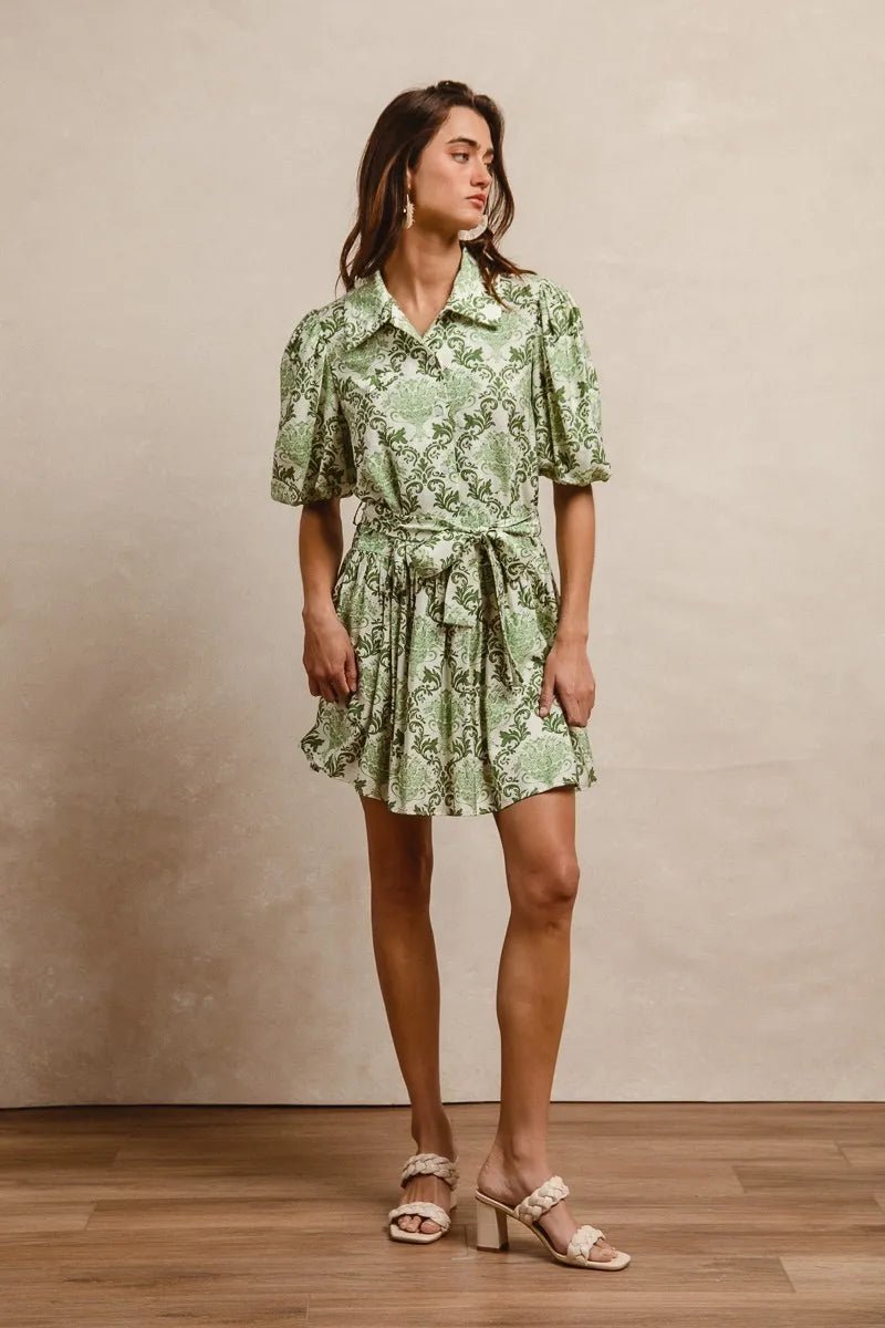 BIBI Green & White Puff Sleeve Belted Mini Dress BIBI Green & White Puff Sleeve Belted Mini Dress