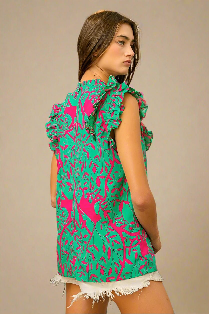 BiBi - Hot Pink & Green Leaf Print Ruffle Sleeve Top