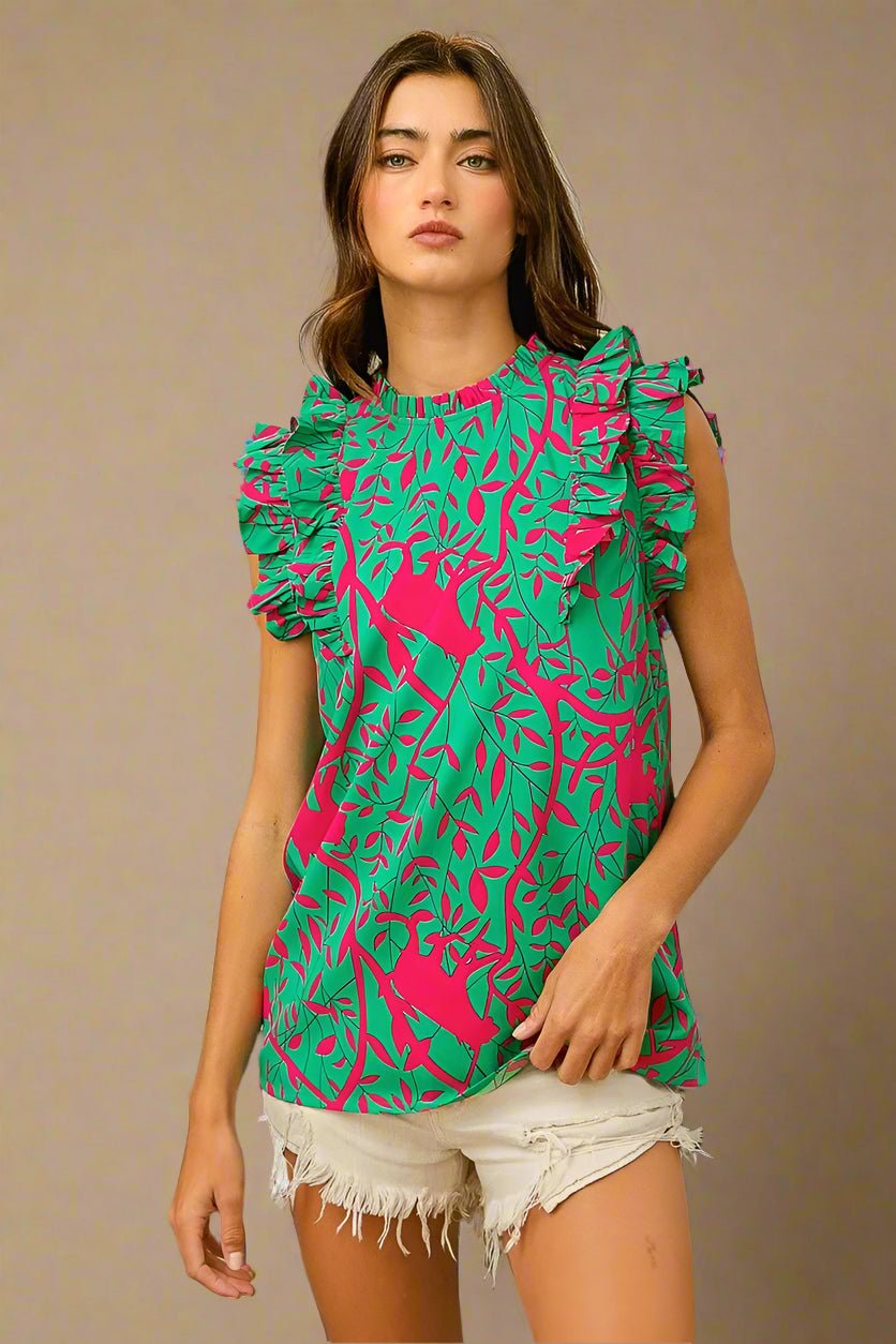 BiBi - Hot Pink & Green Leaf Print Ruffle Sleeve Top
