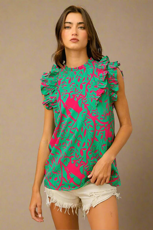 BiBi - Hot Pink & Green Leaf Print Ruffle Sleeve Top