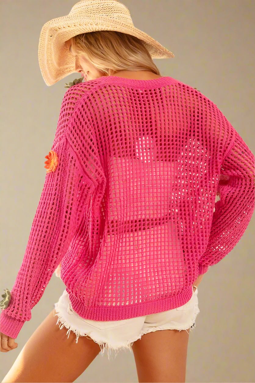 BiBi - Hot Pink Open Knit Cardigan with 3D Daisy Appliqués