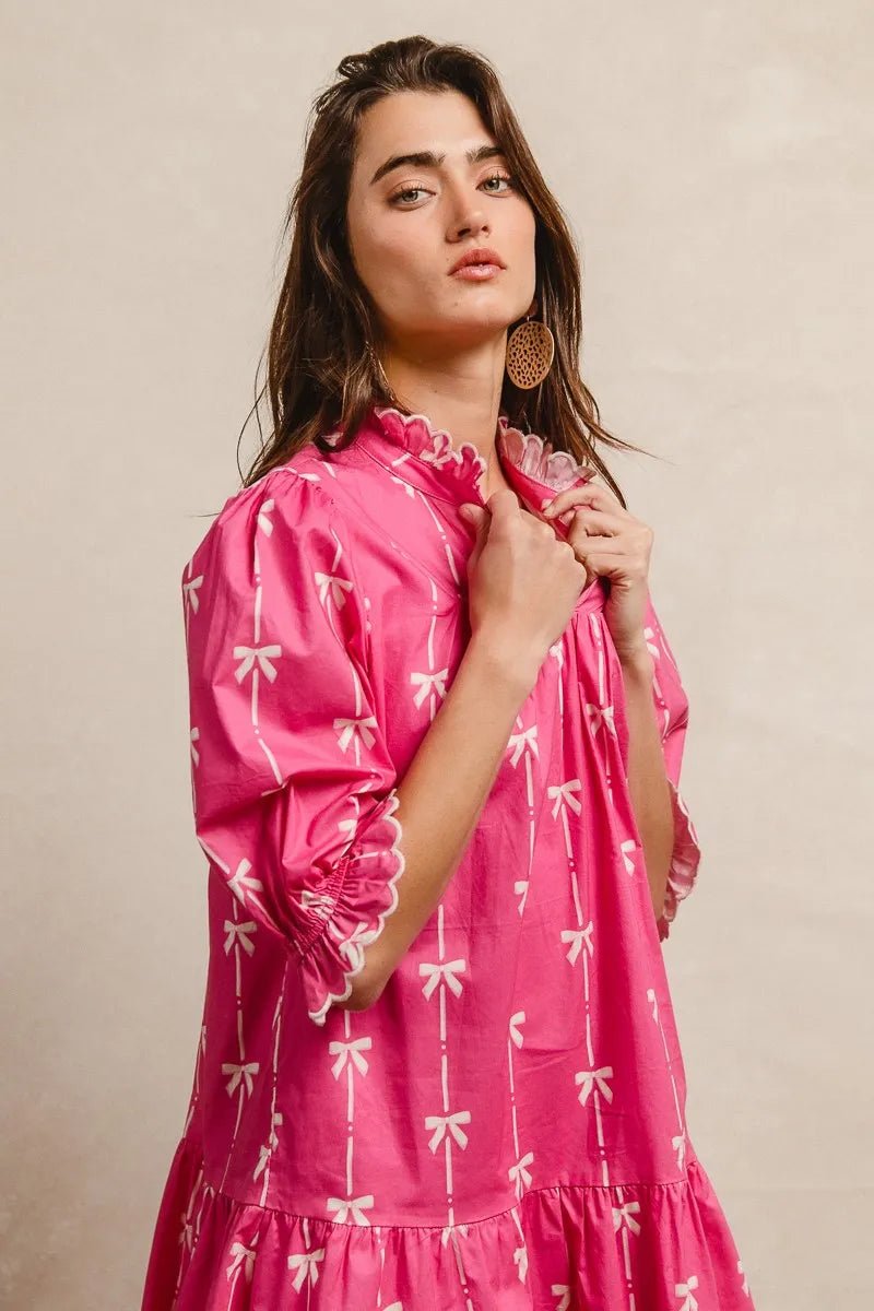 BiBi - Hot Pink & White Bow Print Ruffle Mini Dress