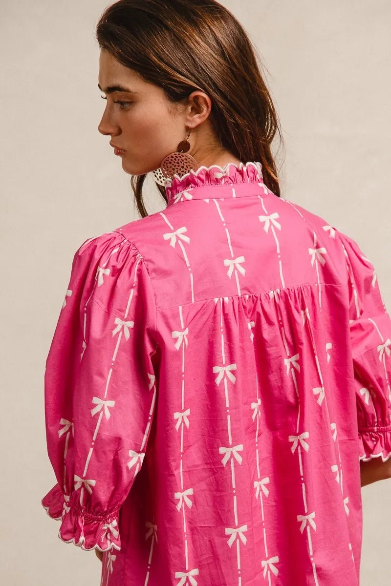 BiBi - Hot Pink & White Bow Print Ruffle Mini Dress