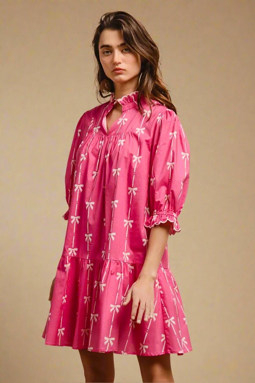 BiBi - Hot Pink & White Bow Print Ruffle Mini Dress
