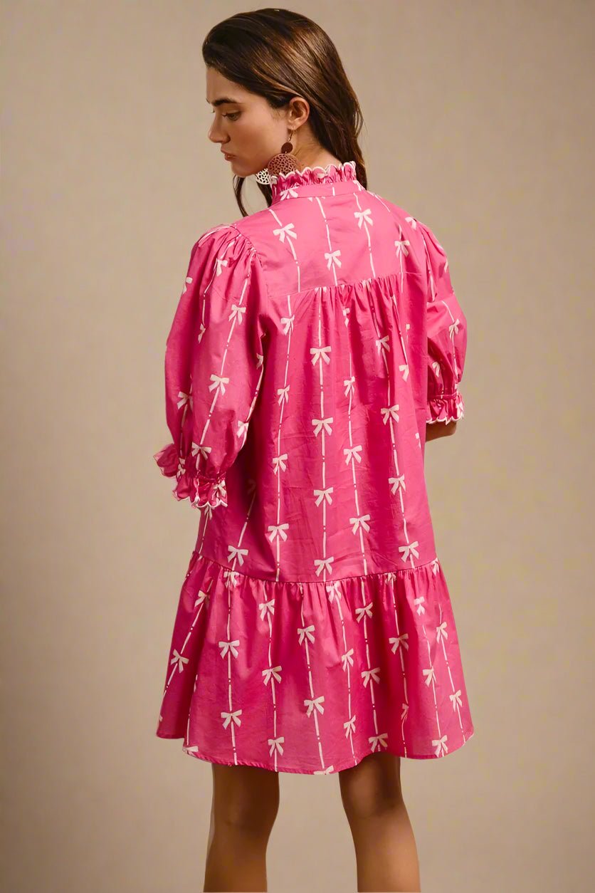 BiBi - Hot Pink & White Bow Print Ruffle Mini Dress