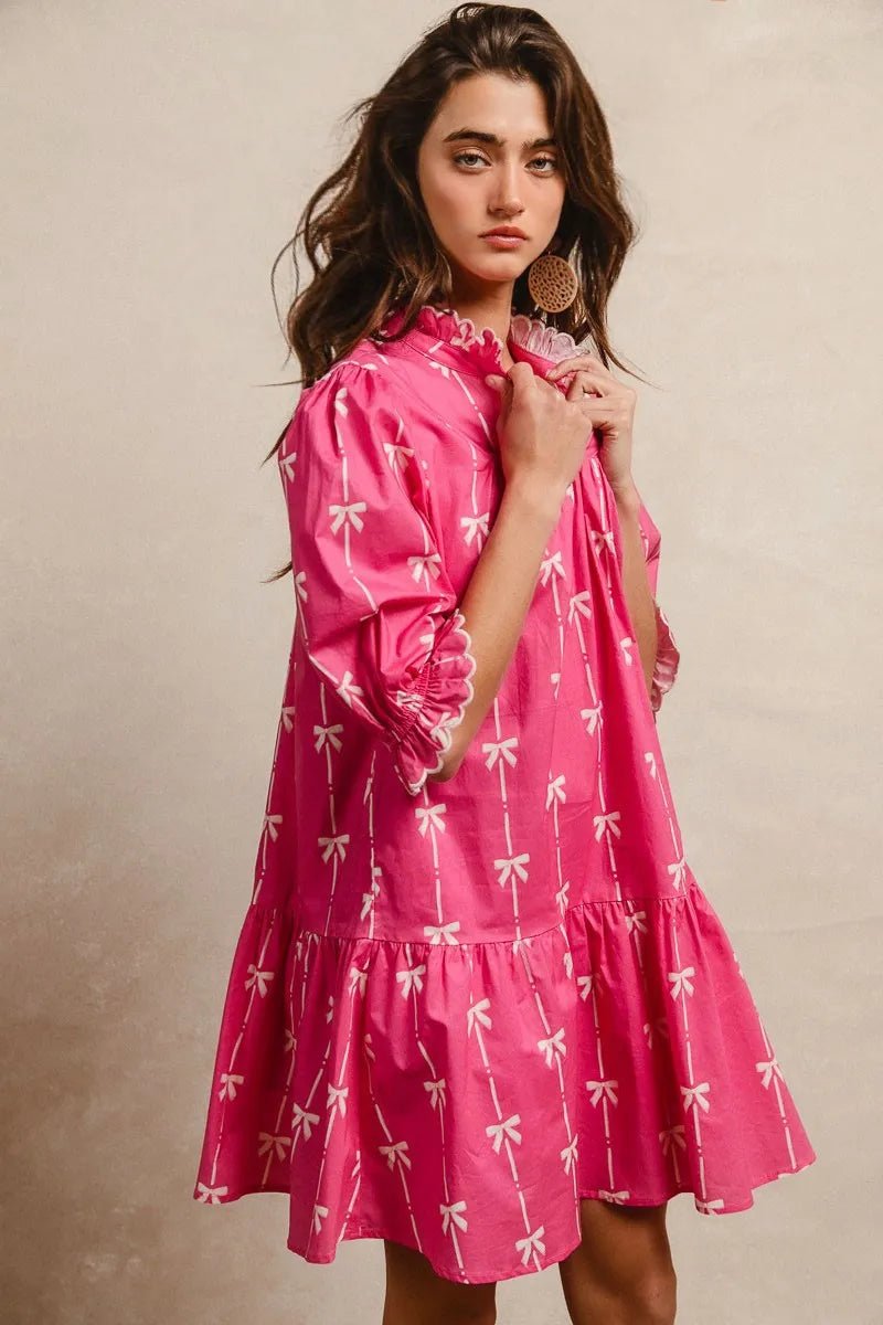 BiBi - Hot Pink & White Bow Print Ruffle Mini Dress