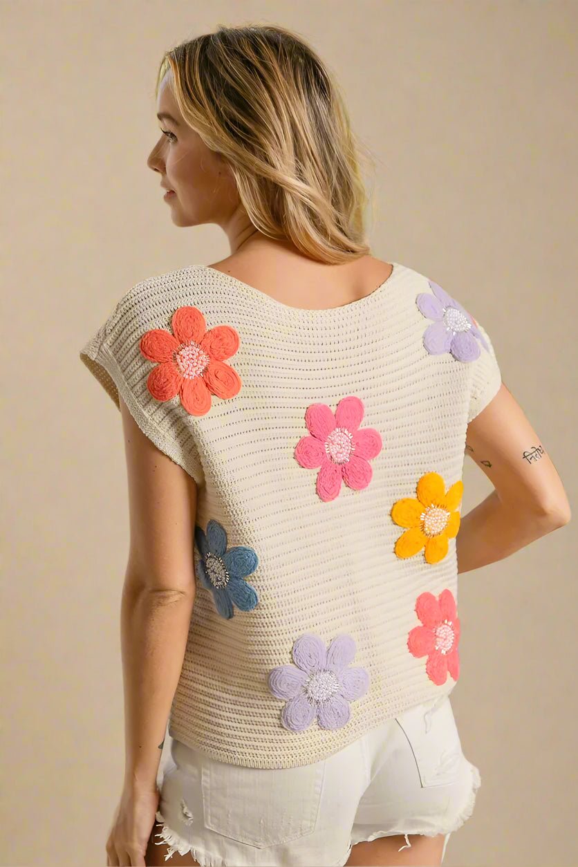 BiBi - Ivory Crochet Knit Top with Colorful Floral Appliqués