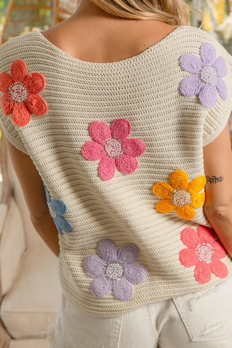 BiBi - Ivory Crochet Knit Top with Colorful Floral Appliqués