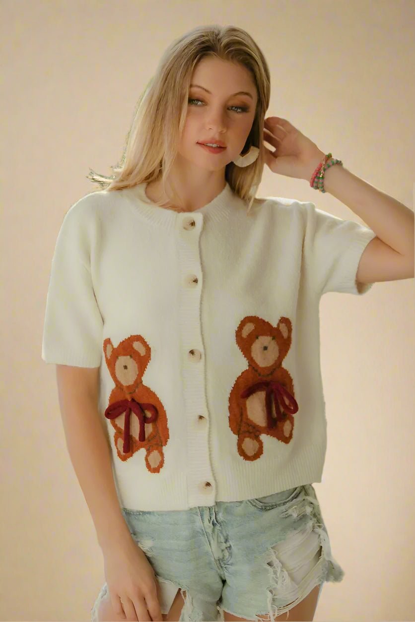 BiBi - Ivory Knit Short Sleeve Cardigan with Teddy Bear Design