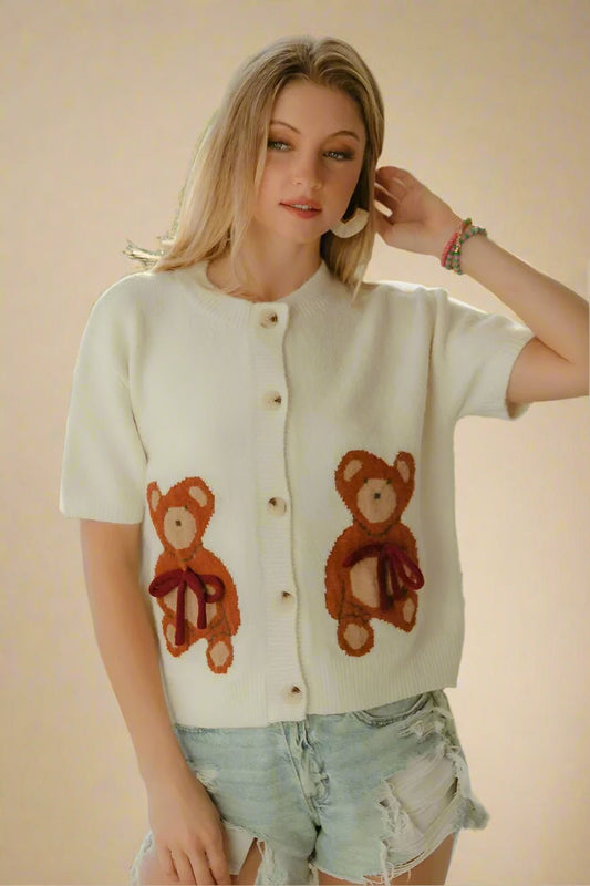 BiBi - Ivory Knit Short Sleeve Cardigan with Teddy Bear Design