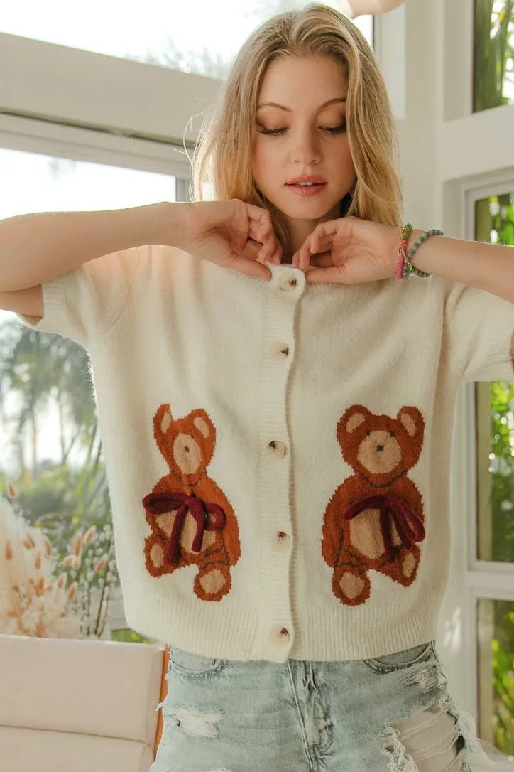 BiBi - Ivory Knit Short Sleeve Cardigan with Teddy Bear Design