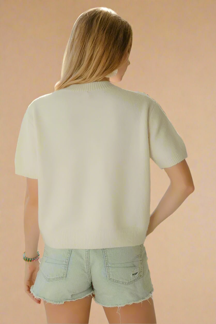 BiBi - Ivory Knit Short Sleeve Cardigan with Teddy Bear Design