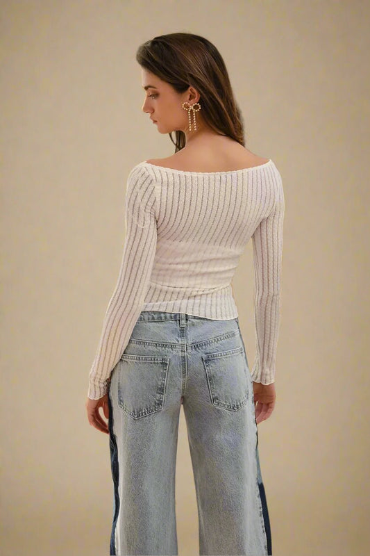 BiBi - Ivory Sheer Ribbed Off Shoulder Long Sleeve Top