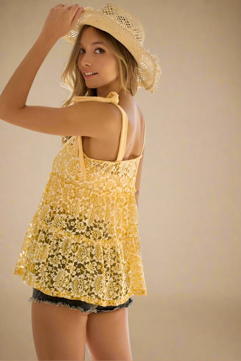 BiBi - Lace Tiered Tie - Strap Cami Top – Marigold/Ivory