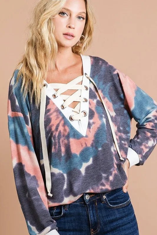 BiBi - Lace - Up Tie - Dye Pullover in Navy Coral Marble