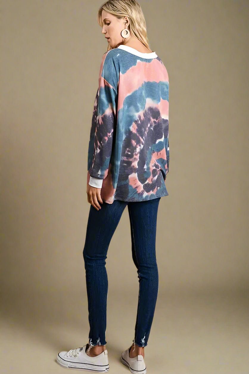 BiBi - Lace - Up Tie - Dye Pullover in Navy Coral Marble