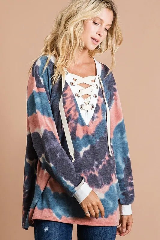 BiBi - Lace - Up Tie - Dye Pullover in Navy Coral Marble