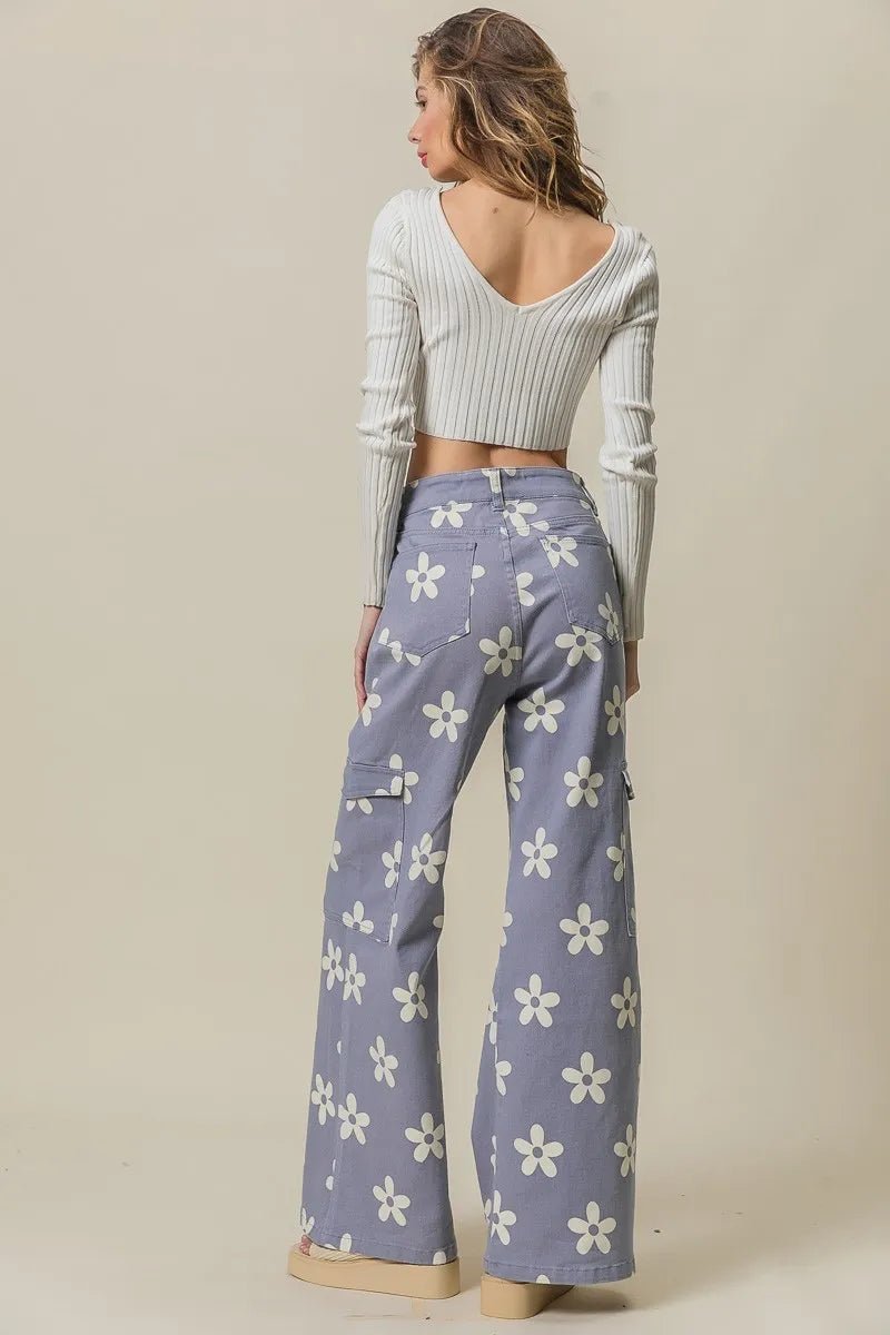 BiBi - Lavender Daisy Print Cargo Jeans