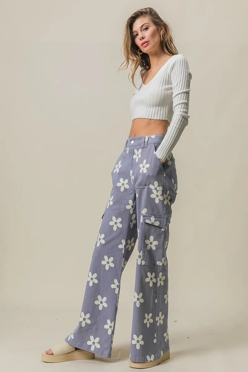 BiBi - Lavender Daisy Print Cargo Jeans