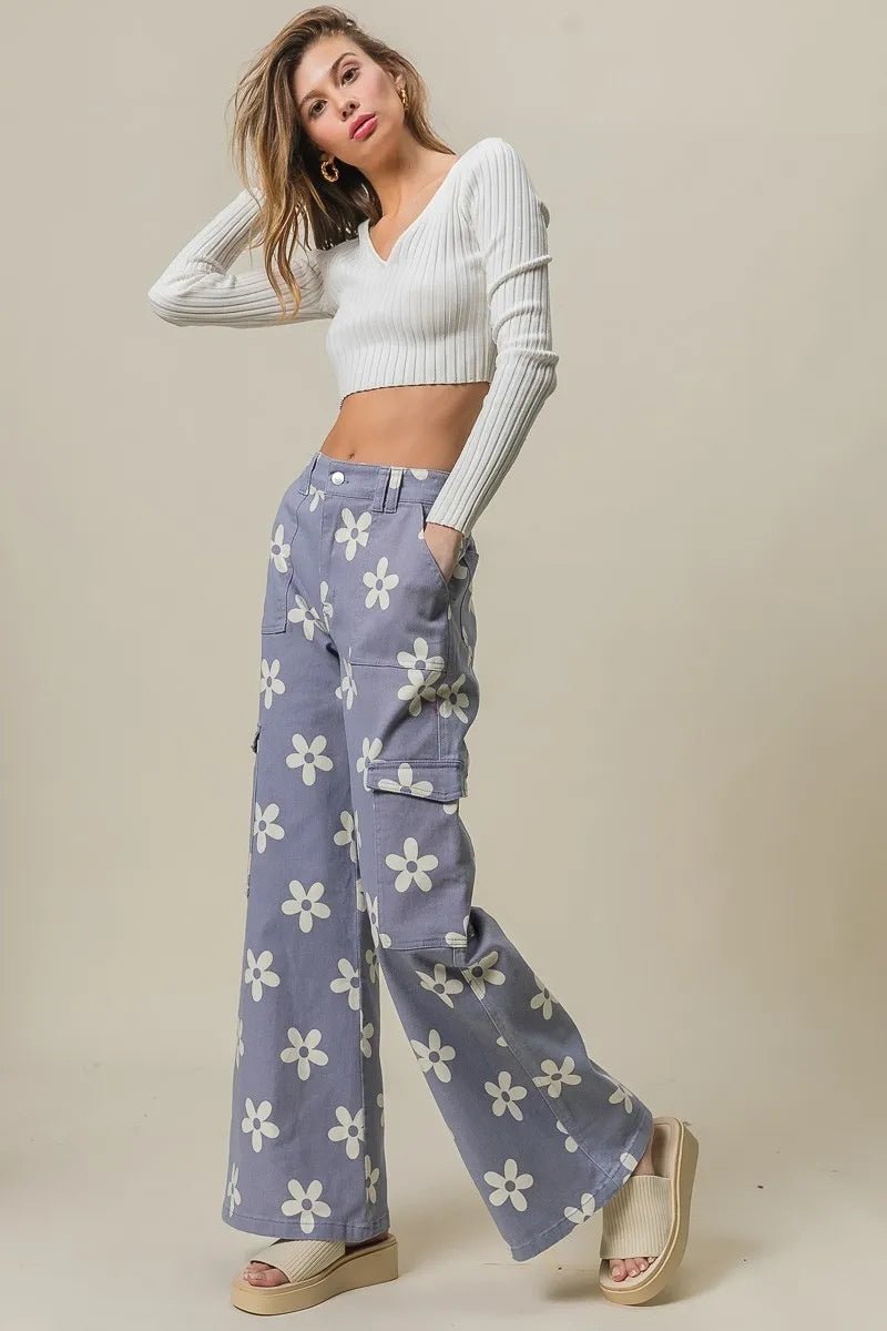 BiBi - Lavender Daisy Print Cargo Jeans