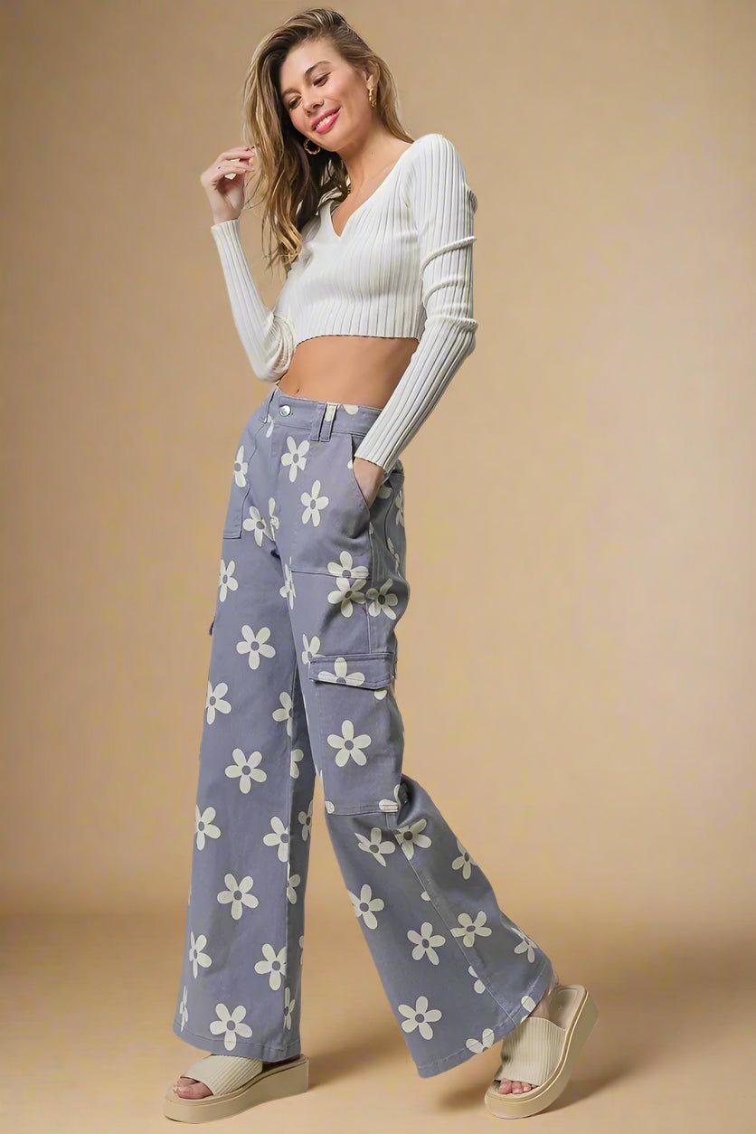 BiBi - Lavender Daisy Print Cargo Jeans