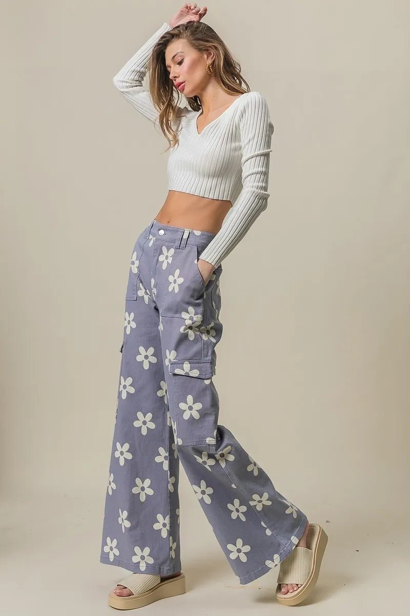 BiBi - Lavender Daisy Print Cargo Jeans