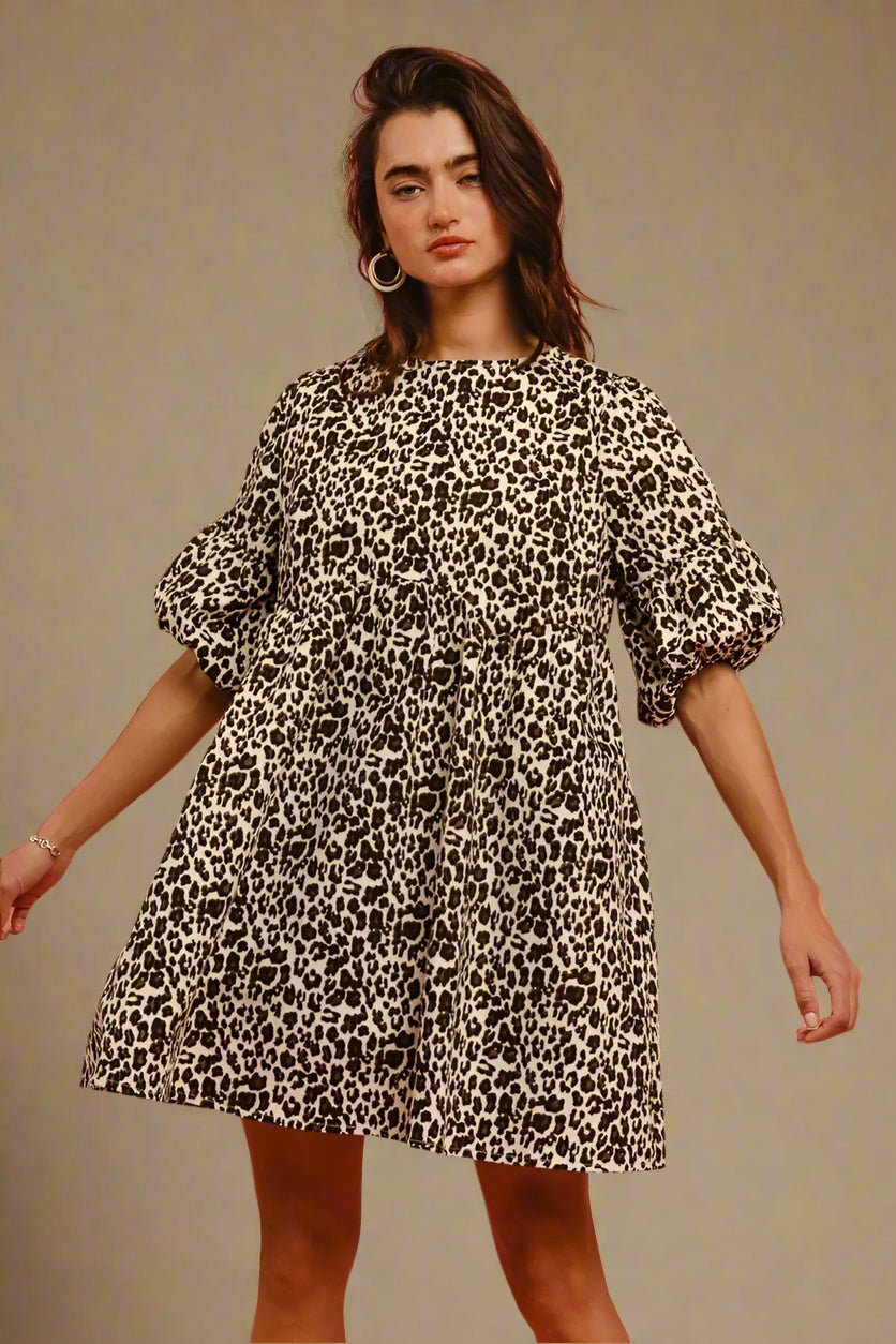BiBi - Leopard Print Puff Sleeve Babydoll Dress with Back Bow Detail