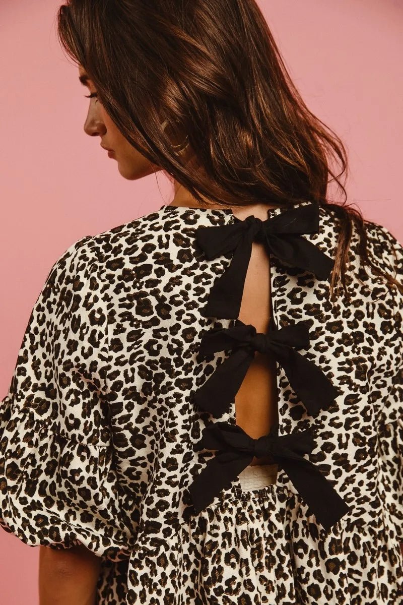 BiBi - Leopard Print Puff Sleeve Babydoll Dress with Back Bow Detail