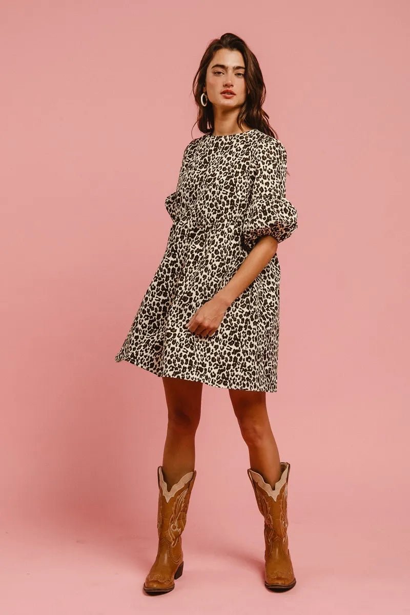 BiBi - Leopard Print Puff Sleeve Babydoll Dress with Back Bow Detail