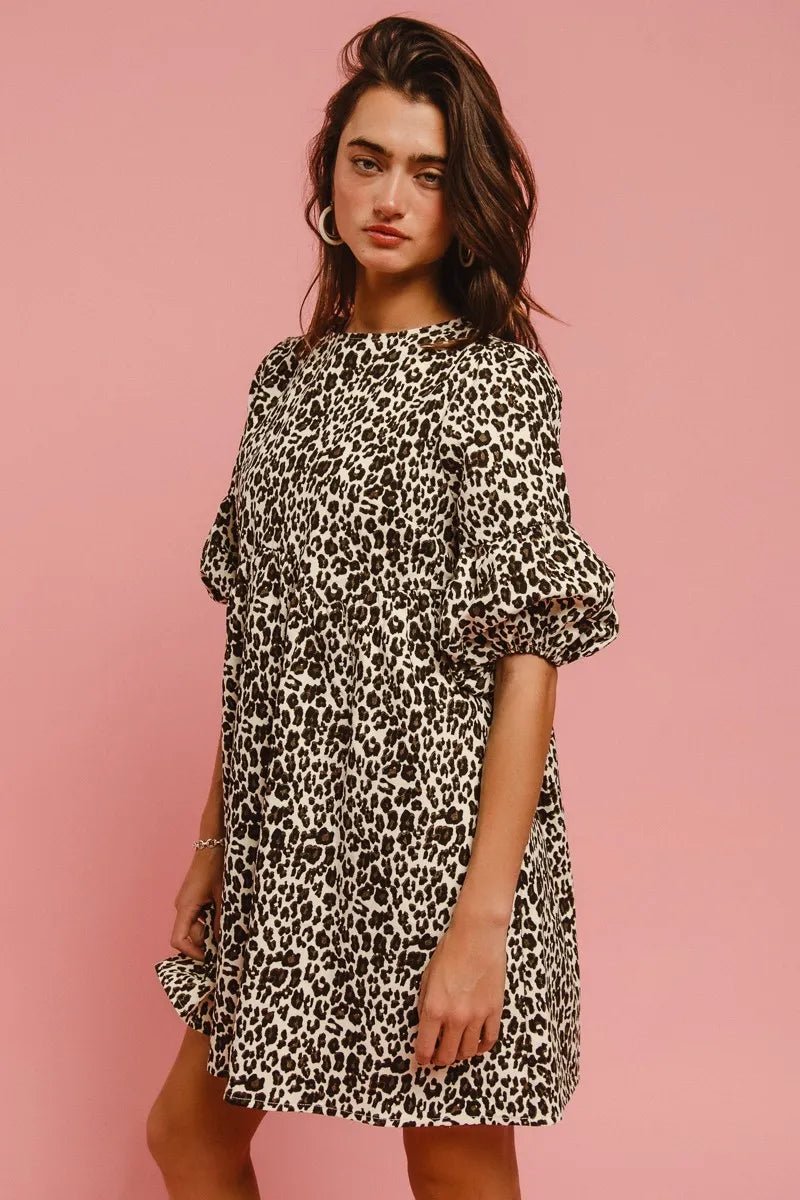 BiBi - Leopard Print Puff Sleeve Babydoll Dress with Back Bow Detail