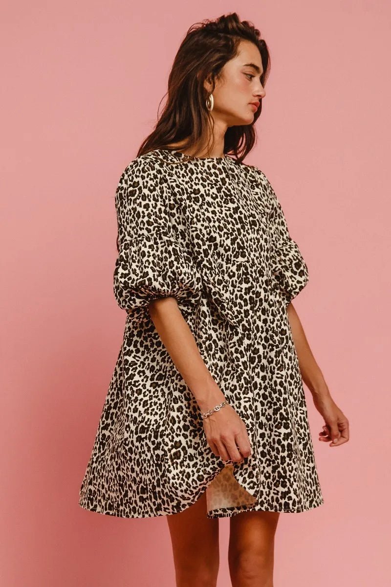 BiBi - Leopard Print Puff Sleeve Babydoll Dress with Back Bow Detail