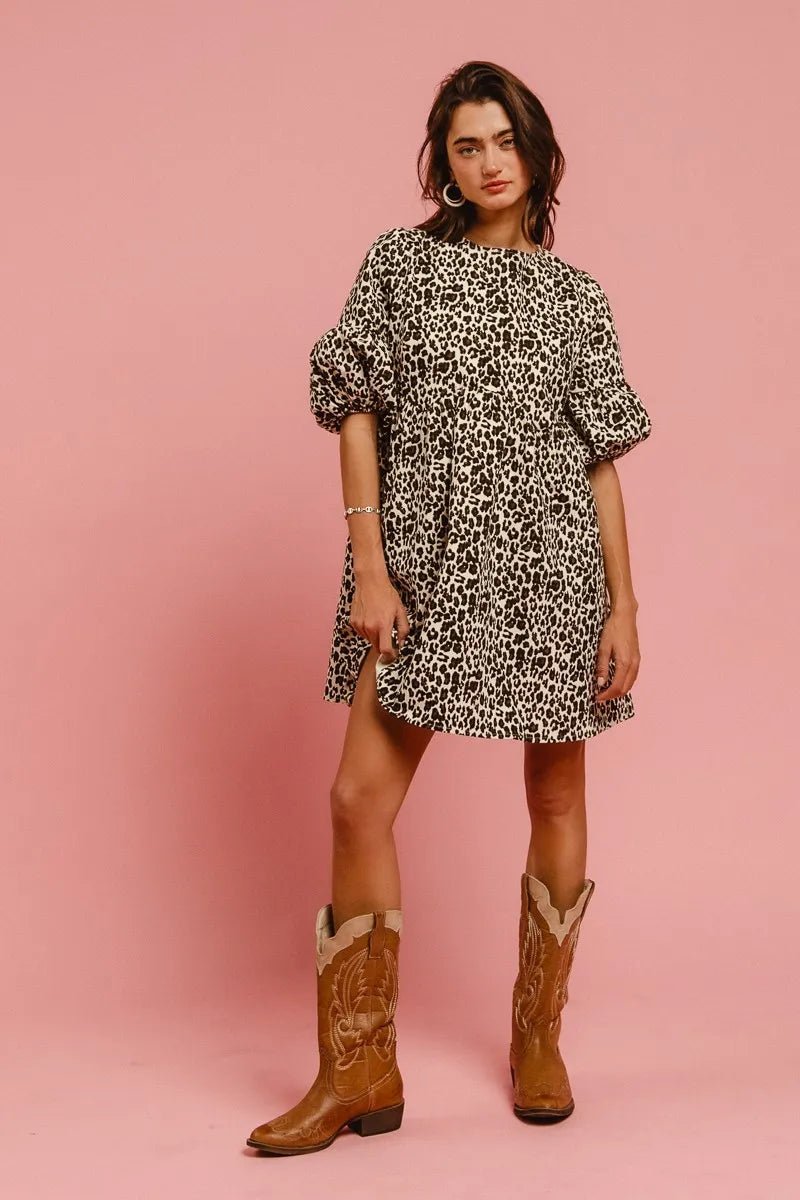 BiBi - Leopard Print Puff Sleeve Babydoll Dress with Back Bow Detail